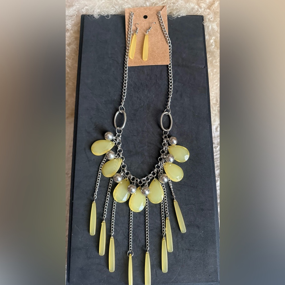 Yellow Teardrop Fringe Statement Necklace with Matching Earrings